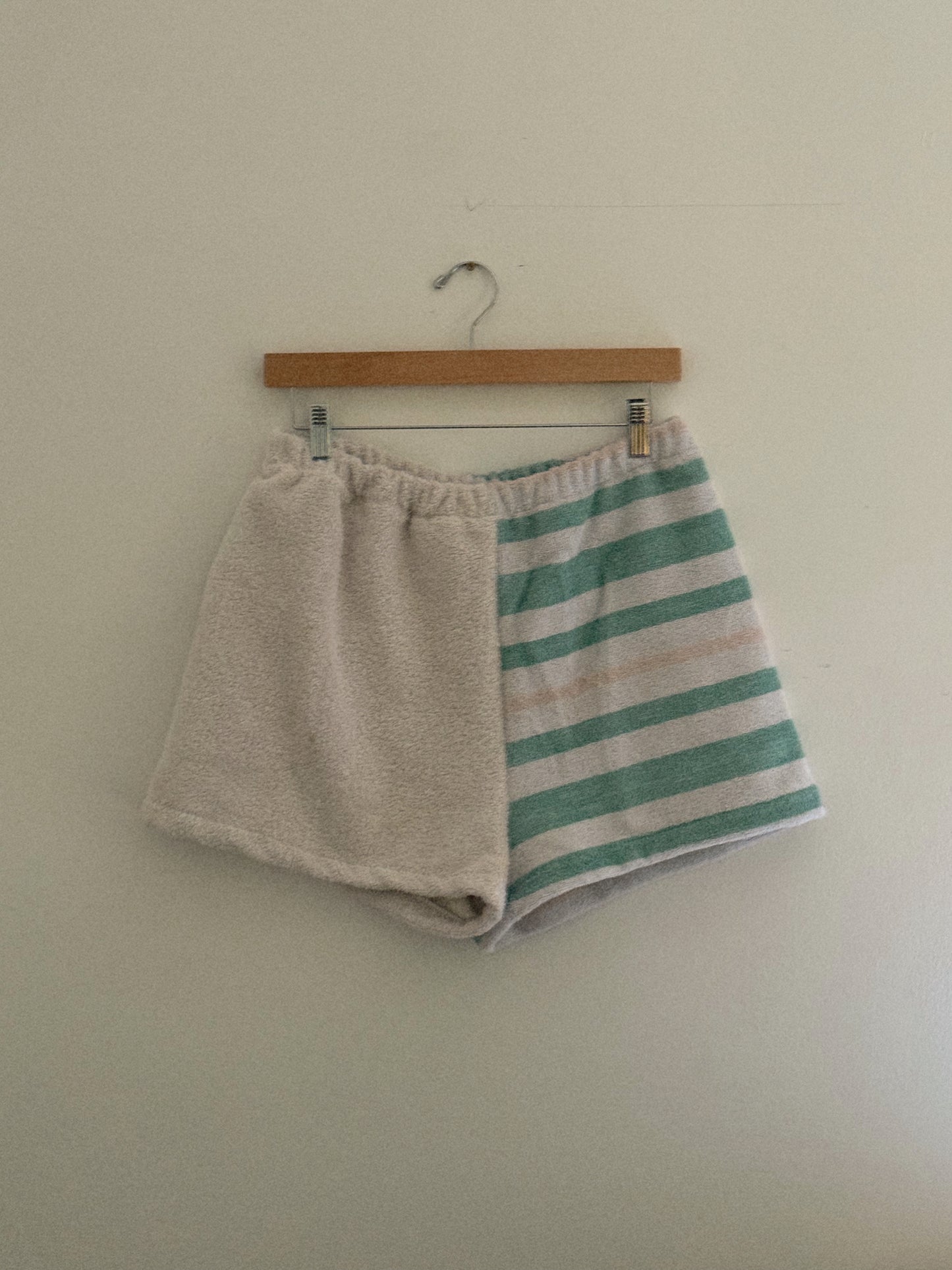 Towel Shorts in White and Green Stripes