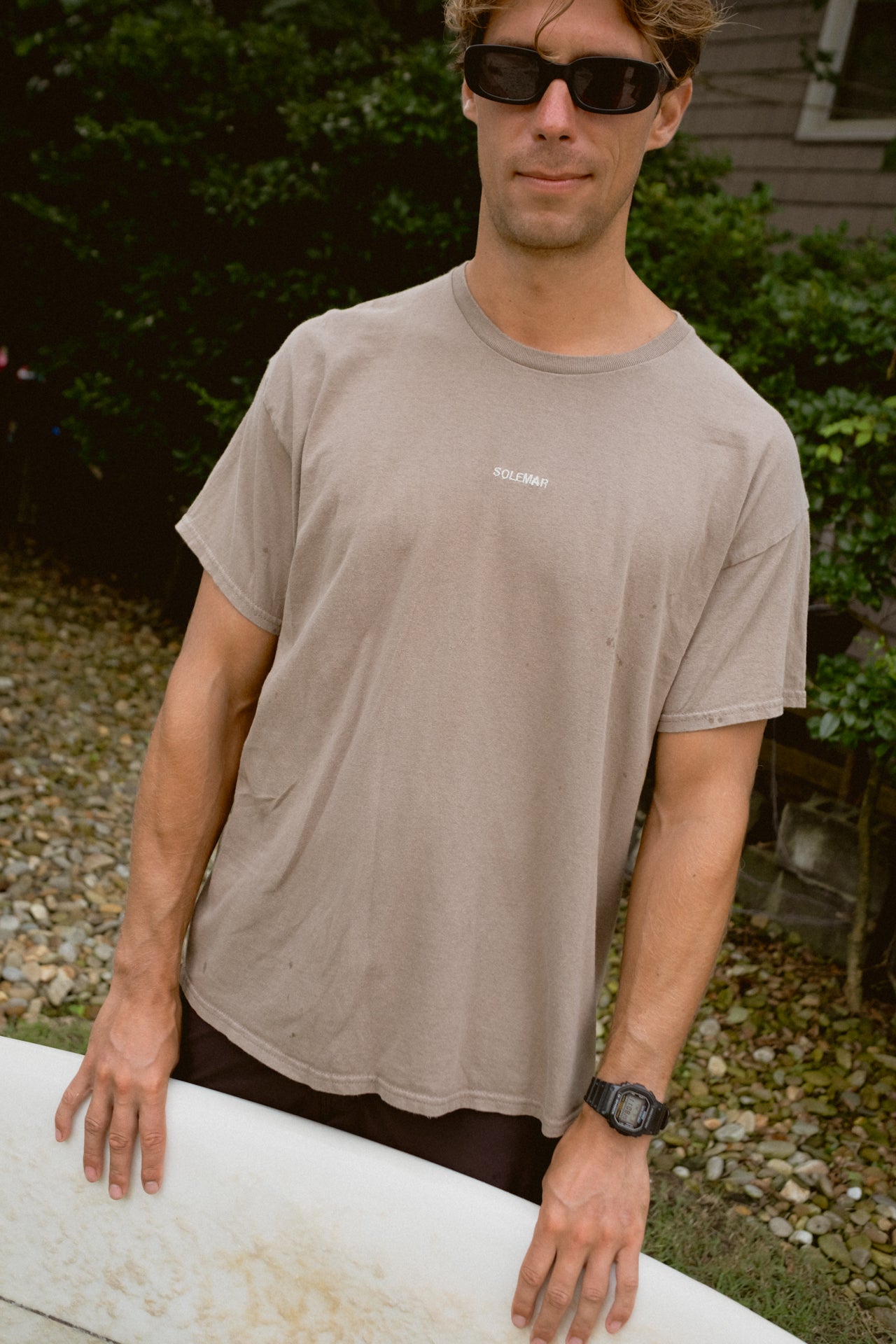 Size Large Embroidered SOLEMAR Tee in TAN