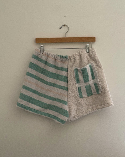 Towel Shorts in White and Green Stripes